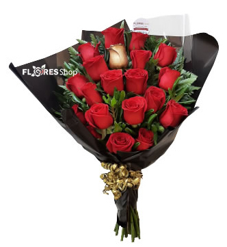 5506 Buquê personalizado 14 rosas douradas + 1 vermelha + Brigadeiros Gourmet